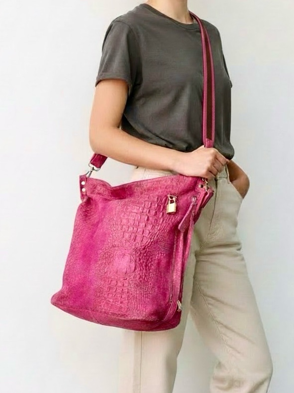 Italian Leather Fuchsia Pink Croc-Embossed Hobo Crossbody Tote Bag Purse